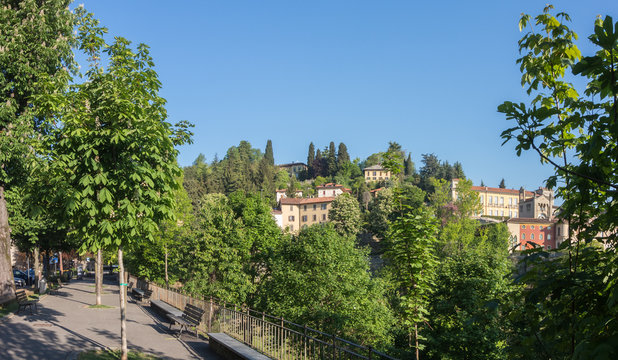 Bergamo - Old city (Città Alta). One of the beautiful city in Italy. Lombardia. Landscape from Colle Aperto place during a wonderful blue day.