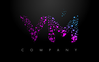 VM V M Letter Logo with Purple Particles and Bubble Dots
