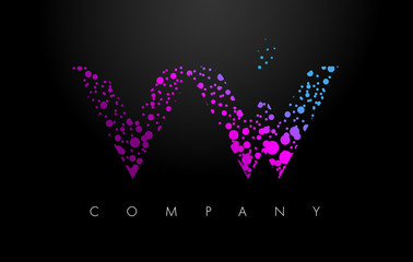 V W Letter Logo with Purple Particles and Bubble Dots