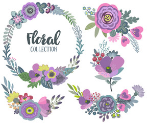 Vector graphic set with beautiful flowers, floral wreath, bouquets