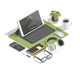 Flat isometric 3d workspace concept vector. Devices set on white background. Laptop, smart phone, tablet, player, desktop computer, glasses, cup of coffee, notebook, headphones.