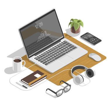 Flat isometric 3d workspace concept vector. Devices set on white background. Laptop, smart phone, tablet, player, desktop computer, glasses, cup of coffee, notebook, headphones.