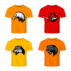 Furious boar, wolf, panther and eagle head sport vector logo concept set isolated on color t-shirt mockup. 
Modern team badge design. Premium quality wild animal t-shirt tee print illustration.