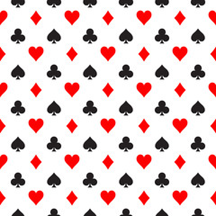 Seamless pattern background of poker suits - hearts, clubs, spades and diamonds - arranged in the rows on white background. Casino gambling theme vector illustration.