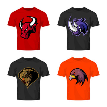 Furious bull, rhino, cobra and eagle head sport vector logo concept set isolated on t-shirt mockup. 
Modern team badge design. Premium quality wild animal t-shirt tee print illustration.