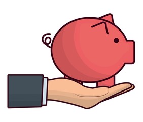 hand holding a piggy bank icon over white background. colorful design. vector illustration