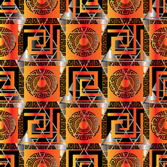 Modern abstract  seamless pattern. Geometric  background wallpaper illustration with 3d orange  greek key,,squares, circles, rhombus, shapes and figures.. Vector surface texture for fabric, textile