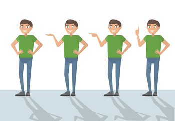 Man male person funny cartoon casual in various poses pointing with hand for use in presentations. Vector closeup flat design character color illustration isolated white background