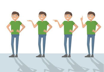 Fototapeta premium Man male person funny cartoon casual in various poses pointing with hand for use in presentations. Vector closeup flat design character color illustration isolated white background