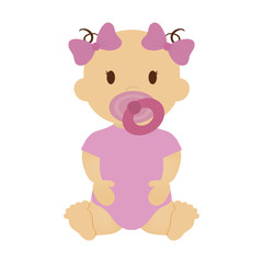 Obraz na płótnie Canvas cute baby girl with pacifier and pink bows, cartoon icon over white background. colorful design. vector illustration