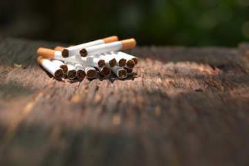 Tobacco cigarettes on wooden background with light shines on the tobacco cigarettes.