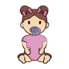 Naklejka premium cute baby girl with pacifier and pink bows, cartoon icon over white background. colorful design. vector illustration
