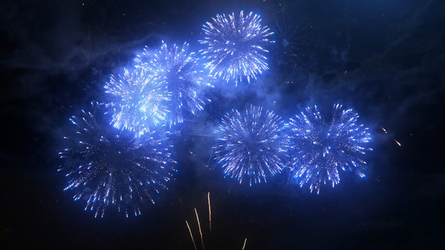 A set of slow motion fireworks on black background, isolated sequence animation without cropping, collage of colorful fireworks exploding in the night sky.