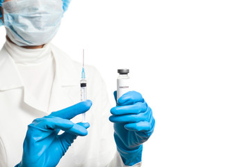 Fototapeta premium Medic holding syringe and capsule with vaccine in hand isolated on white. Vaccination. Influenza