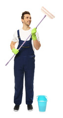 Young window cleaner on white background