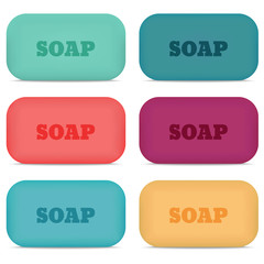 Six colored soap bars on white background. Vector illustration