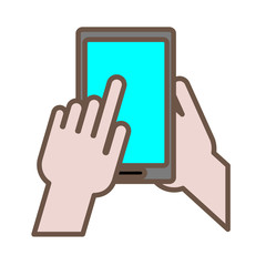 hand holding a smartphone device icon over white background. colorful design. vector illustration