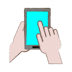 hand holding a smartphone device icon over white background. colorful design. vector illustration