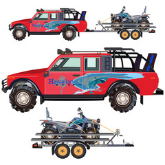 Naklejka premium Vector flat illustration of quad bike, travel car and trailer
