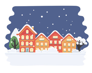 Obraz na płótnie Canvas Christmas town illustration. Winter landscape. Greeting card with fairy tale houses. Snowy town at holiday eve. Vector illustration.