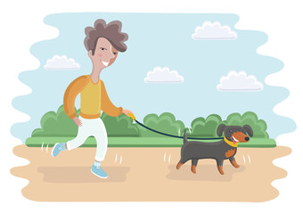 Cute boy walking with dog