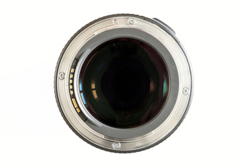 Camera photo lens close-up on white background with lense reflections.