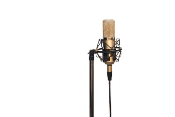 Fototapeta na wymiar Condenser microphone with cable, shockmount and stand isolated on white