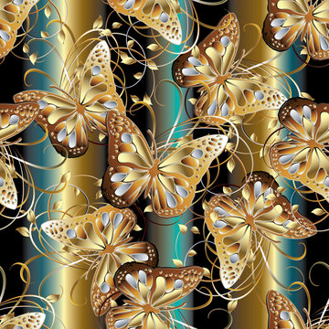 Floral seamless pattern background wallpaper illustration with vintage gold 3d butterflies, swirl line art leaves, flowers and antique ornaments. Vector modern surface 3d  texture for fabric, textile.