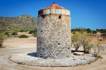 Ruins of anncient windmill on Crete island, Greece
