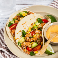 Shrimp Tacos with Corn and Avocado Salsa Panoramic image. Selective.