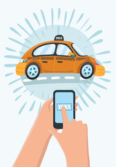 Hand holding mobile smart phone with app search taxi. modern flat creative info graphics design on service application. vector illustration concept.