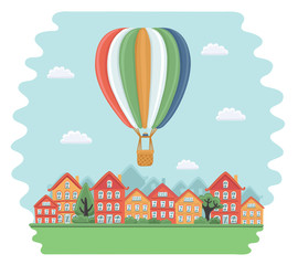 Hot air balloon flying over town - scrap elements