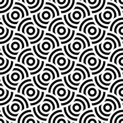 Seamless pattern background ornament of striped concentric circles. Retro mosaic of arches in black and white. Vector design element.