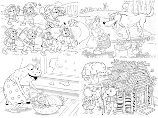 Small set of fairy tale illustrations. Snow White and seven dwarfs. Three little pigs. Thumbelina. Coloring page. Coloring book. Cute and funny cartoon characters