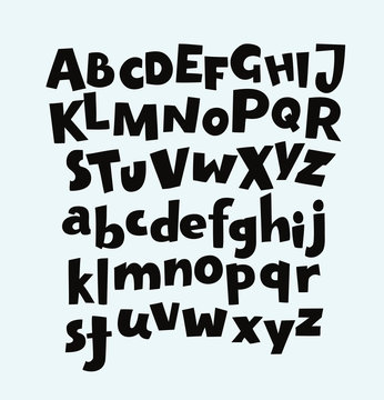 Handwritten trendy vector alphabet set. Playful calligraphic characters uppercase, lowercase, numerals and punctuations signs. Black symbols shapes isolated on white background.