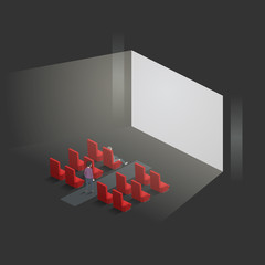 Cinema hall interior. People watching movie. Isometric view. Vector illustration.