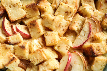 Tasty bread pudding with apple, closeup