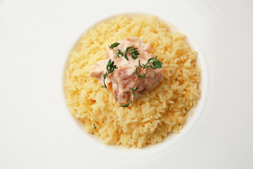 Plate with rice and chicken, closeup