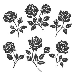 Rose silhouettes vector illustration. Black buds and stems of roses stencils isolated on white background - obrazy, fototapety, plakaty