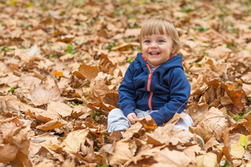 Happy little child, baby boy laughing and playing in autumn