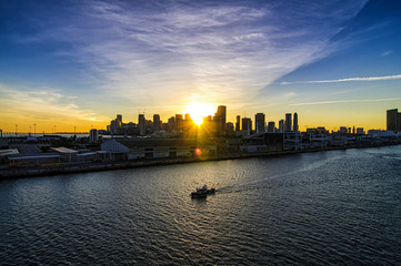 Miami skyline during sunset from the Disney Magic as it leaves the Port of Miami