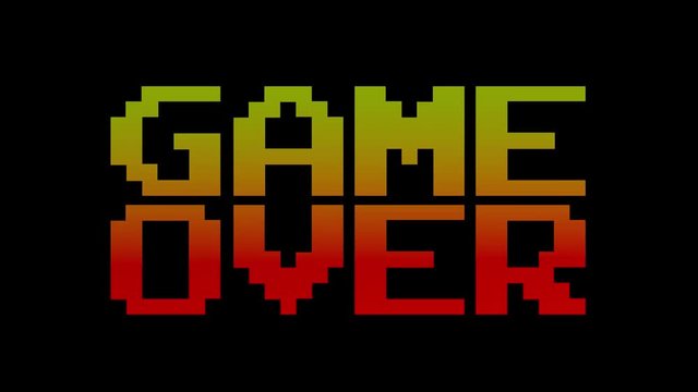 A funky colorful 4k game over screen animation, letters falling towards the center. 8 bit retro style, red and yellow.
