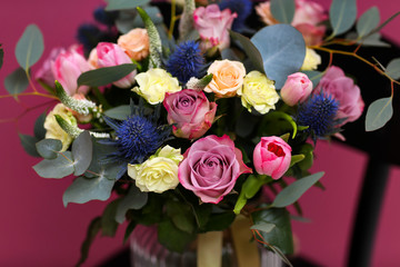 Beautiful bouquet on color background, closeup