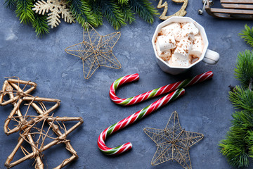Christmas candy canes and cup of cocoa with marshmallows on gray background