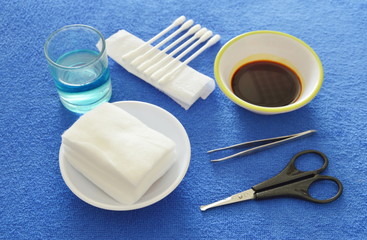 first aid kits for basic cleaning injury wound on blue  table