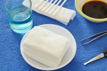 first aid kits for basic cleaning injury wound on blue desk