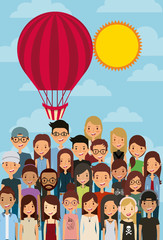cartoon young people smiling and behind a air balloon over sunny day background. colorful design. vector illustration