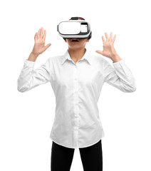 Schoolgirl with virtual reality glasses on white background