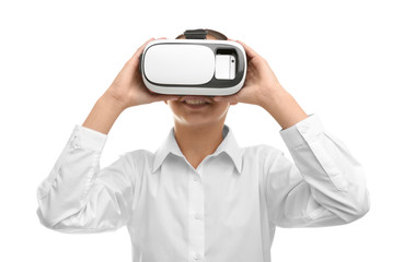 Schoolgirl with virtual reality glasses on white background