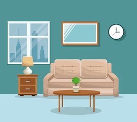 living room sofa table potplant clock lamp mirrow window vector illustration